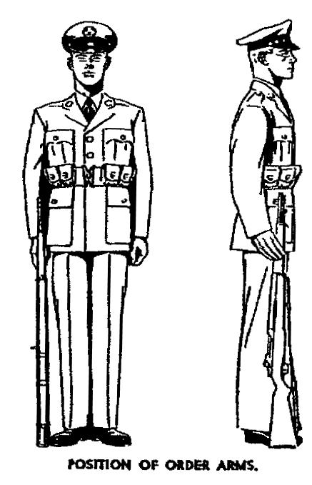 The butt is in front of the right hip, and the rifle barrel crosses a point opposite the junction of neck and left shoulder. The rifle is grasped at the balance with the left hand.
