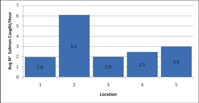 Figure 4.3.3. Average number of salmon caught per hour by location 4.4. Salmon Length Frequency The length frequency of salmon captured is shown, fig 4.4.1.