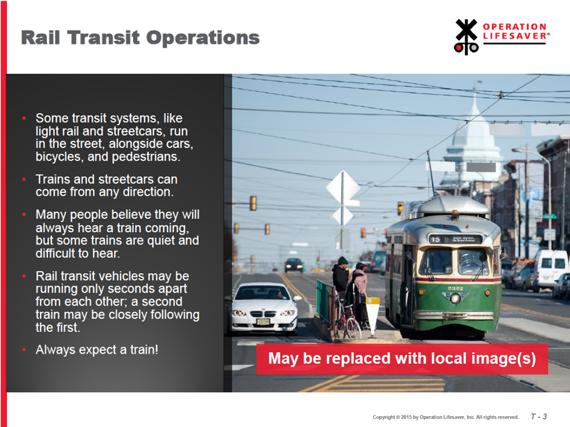 Slide T-3: Rail Transit Operations Some transit systems, like light rail and streetcars, run in the street, alongside cars, bicycles, and pedestrians.