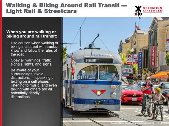 Slide T-6: Walking & Biking Around Rail Transit Light Rail & Streetcars NOTE: This slide should be used in locations that have commuter rail.