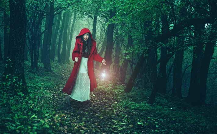 Then added with a frightful leer, I m therefore going to wait right here Till Little Miss Red Riding Hood Comes home from walking in the wood.