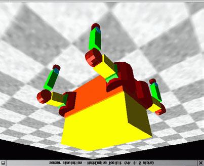 (a) A screen shot of (b) Quadruped robot the walking simulation Figure 1: Developed simulation environment and real walking robot.