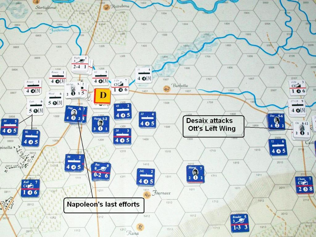 Marmont s Artillery line fires at the Austrian 23 rd in Marengo, but the enemy passes the morale check. On the French left, Monnier s Division attacks Lattermann s Brigade. This has no effect.