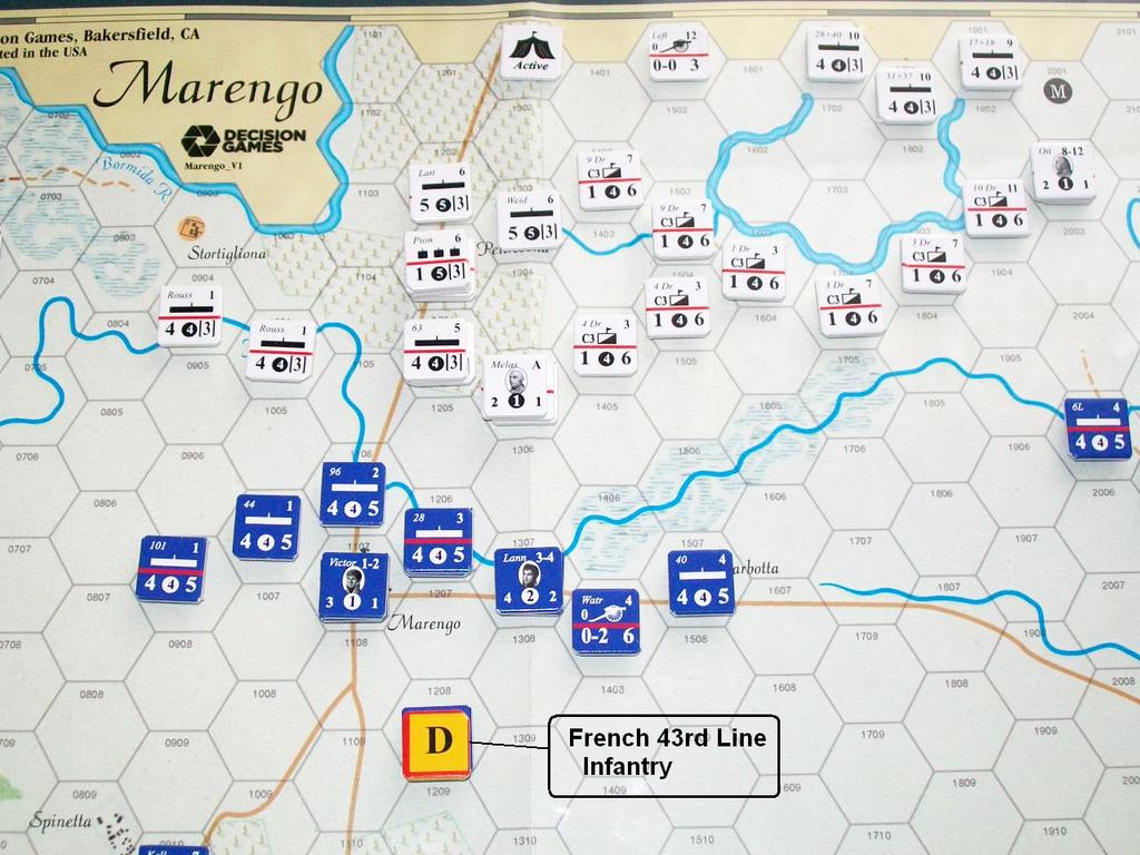 The French 24 th Light is reduced a step and Frimont s battalion is eliminated. Both units have a safe line of retreat. Gen. Monnier s Division is delayed, failing the entry die roll.