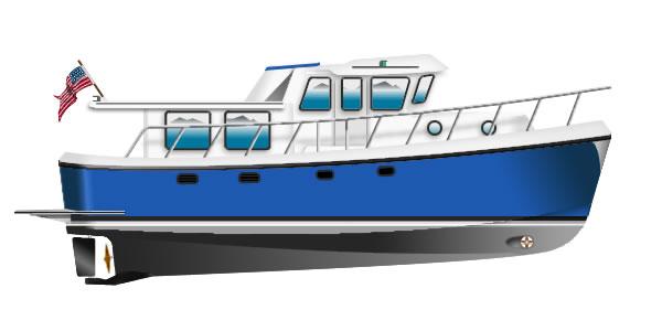 Semi-displacement hulls found on many trawlers use the hard chine concept creating more interior space and greater displacement resulting in a more stable, comfortable ride.