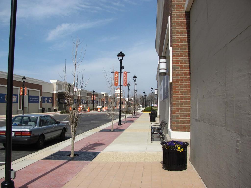 Wide sidewalks, landscaping, pedestrian amenities, and