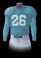 Detroit Lions Uniform History 1934-1947: The first uniform donned by the Detroit Lions included a blue jersey with gleaming silver numerals, silver pants and a silver helmet. The shoes were black.