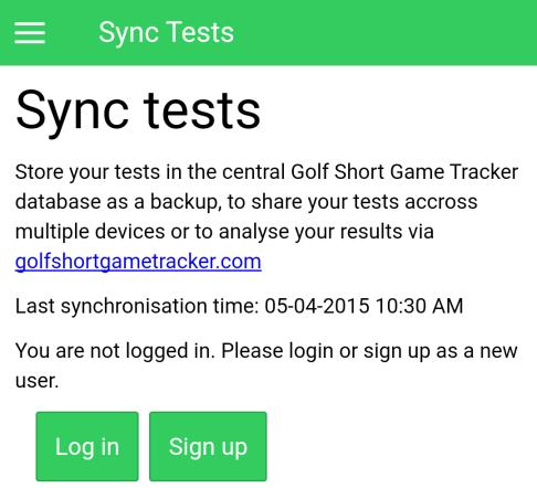 To be able to sync the test data you need a login account for the Golf Short Game Tracker website. You can create this account via the Sign Up button.