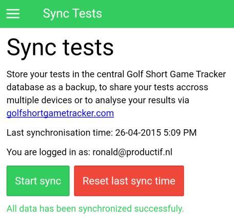 If the log in succeeds you will return to the Sync Tests screen. To sync the test data press the Start sync button. This will start the synchronization process.
