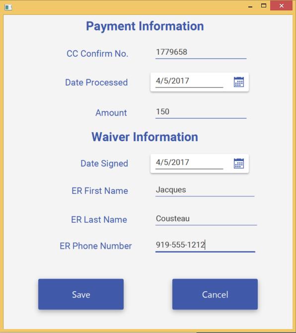 After clicking the Update Reservation button, a dialog box displays with fields to enter payment and waiver information. Figure 3.22 Update Reservation Update Reservation Payment 1.
