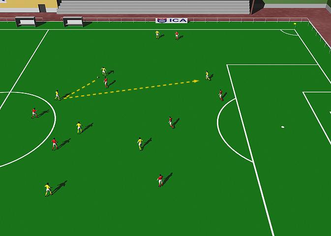 Seven against Seven This practice is designed to improve Marking and finding space, Switching the point of the play and Sustaining pressure. Area half field. 14 players. Supply of balls. Cones.