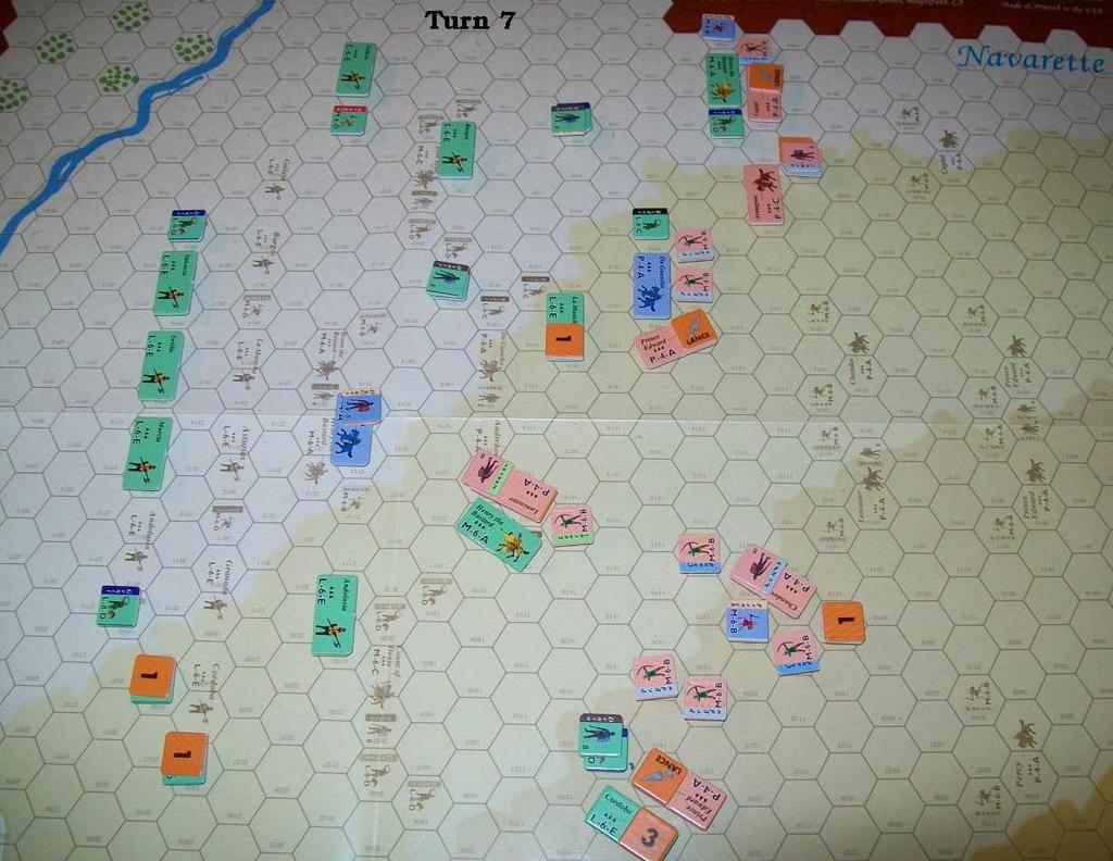 10 005 Turn 7 The English cavalry under the Count of Armagnac removes its Disobey marker. The French leader, Du Guesclin, moves to Audrehom s cavalry to assist in rallying them.