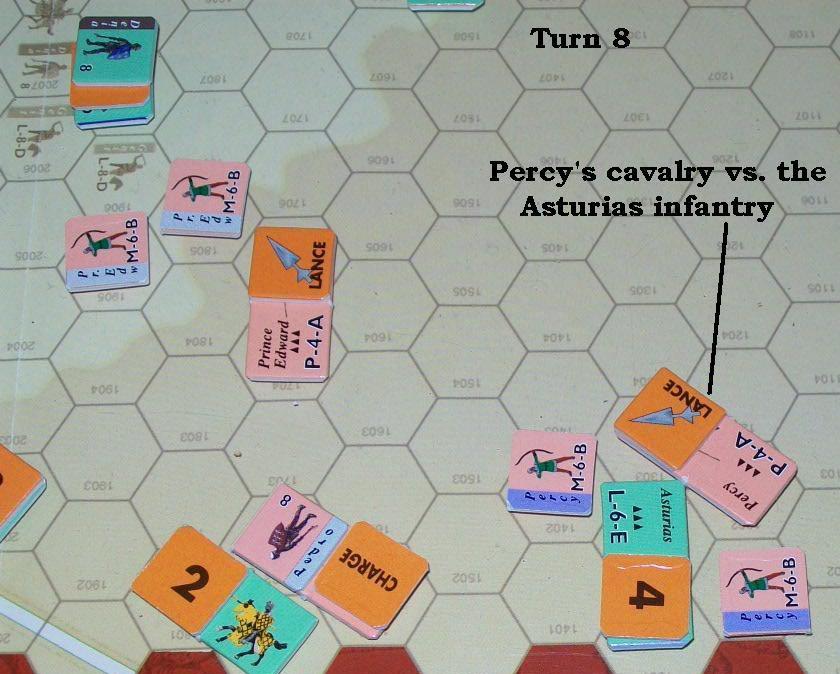 Turn 8 The Grenada infantry disintegrates while routing. The Castilian Andolusia infantry marches on the right-center and comes within range of the English longbows.