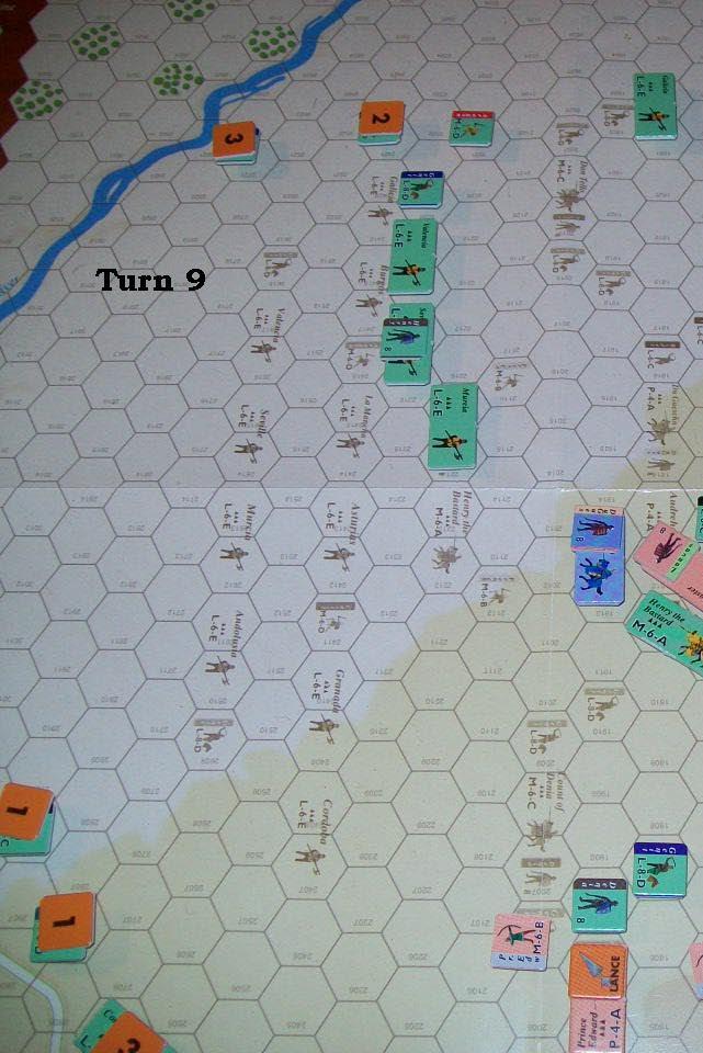 12 005 Turn 9 Fatigue sets in this turn, which affects movement. Any unit moving forward or laterally has its movement allowance halved.