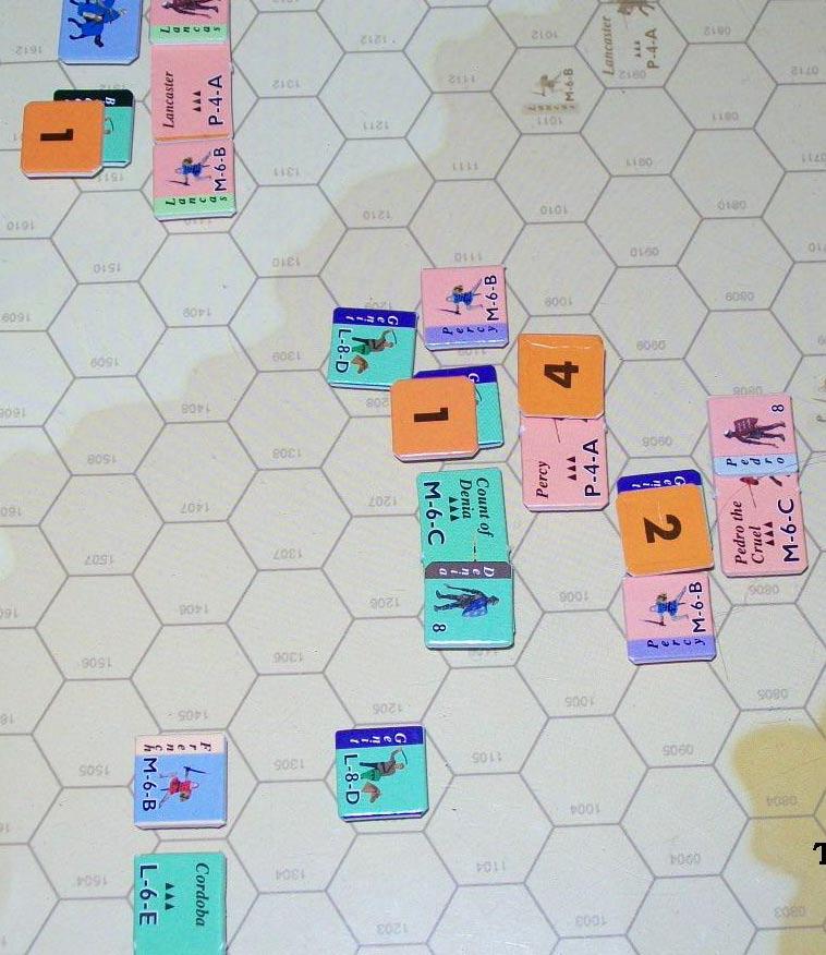 Turn 2 Henry moves to rally a group of routing bidets. (Bidets are light units used as skirmishers.) On the Castilian right, the Count of Denia charges the English.