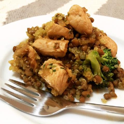 Chicken, Lentil and Quinoa Salad Ingredient list: 2 organic chicken breasts cubed 1 cup quinoa 2 cups water for the quinoa 2 garlic cloves finely diced 1 onion finely chopped 1 can lentils 1 handful