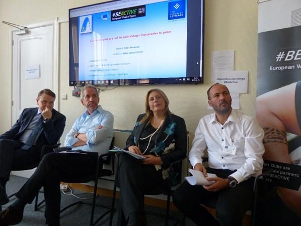 Left: High level stakeholders (ENGSO, EU Commission, Olympic Movement and Council of Europe) in the 2nd panel had the chance to discuss policy matters in the field of sport for social change, the
