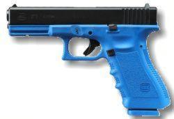 GLOCK 17T - training pistol for specific law enforcement training purposes colour marking and rubber bullets reliable blow back function blue frame indicates training instrument GLOCK 17P