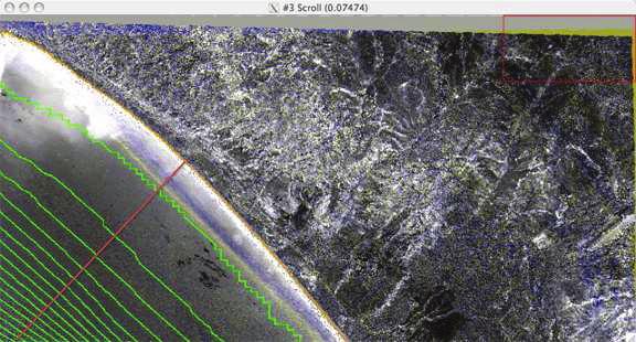 Figure 12. Bathymetric contours with perpendicular drawn to shoreline overlaid on top of change detection image.