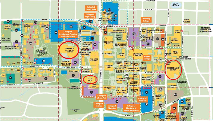 UT Arlington Overview Map Mavericks Athletic Center Practice for Texas Hall on Friday, January 15 th only Texas Hall Competition for 5A, 6A and Large Coed Band Dance on