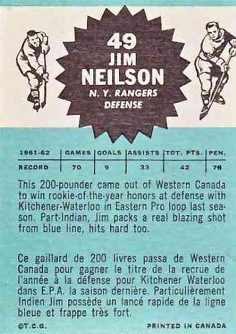 Card: 1962-63 Topps #49 Player: Jim Neilson Team: New York Rangers Value: $20.00 UER: Beckett calls this an uncorrected error card.