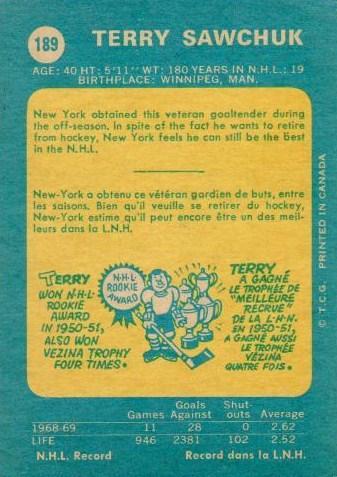 Card: 1969-70 O-Pee-Chee #189 Player: Terry Sawchuk Team: New York Rangers Value: $40.