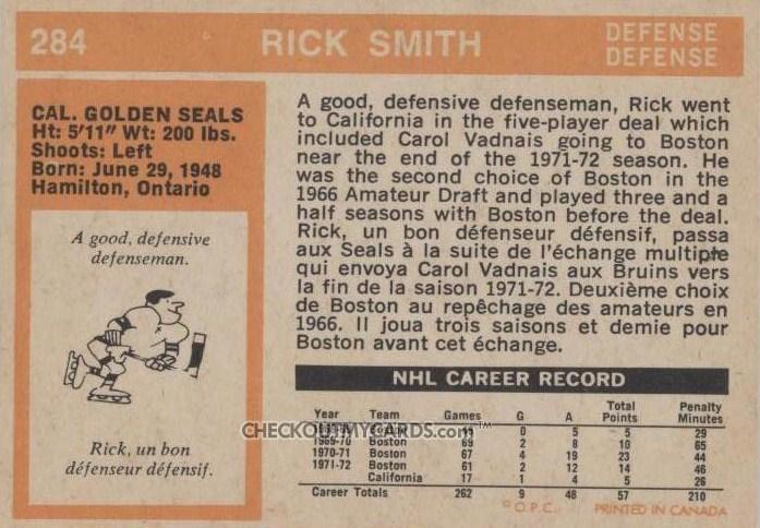 Card: 1972-73 O-Pee-Chee #23 Player: Rick Smith Team: California Golden Seals Value: $2.50 UER: This error is simply a case of bad math.