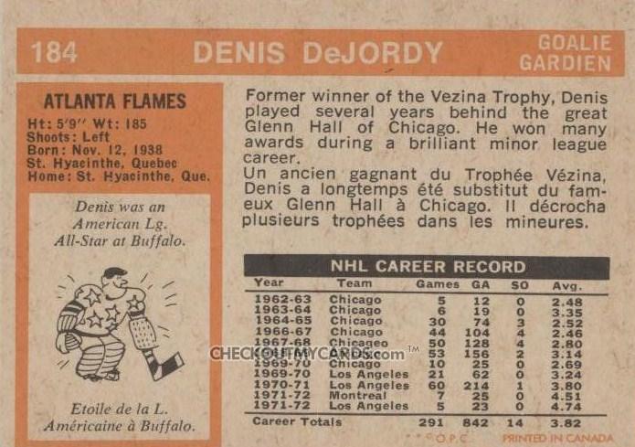 Card: 1972-73 O-Pee-Chee #184 Player: Denis Dejordy Team: Detroit Red Wings Value: $4.