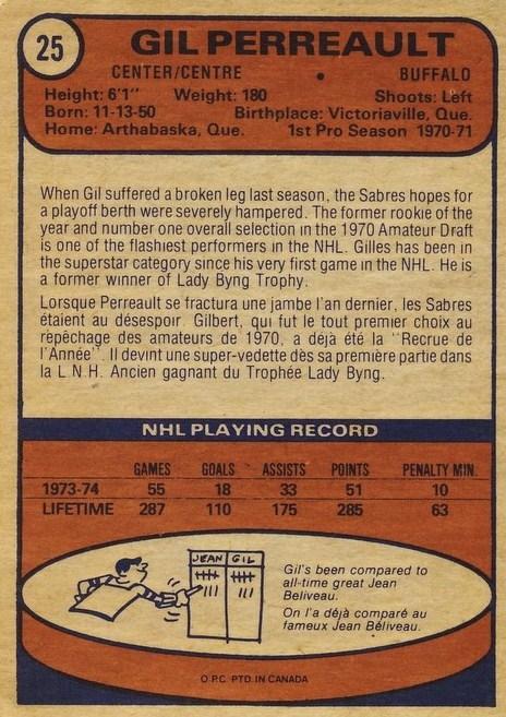 Card: 1974-75 O-Pee-Chee #25 Player: Gilbert Perreault Team: Buffalo Sabres Value: $8.