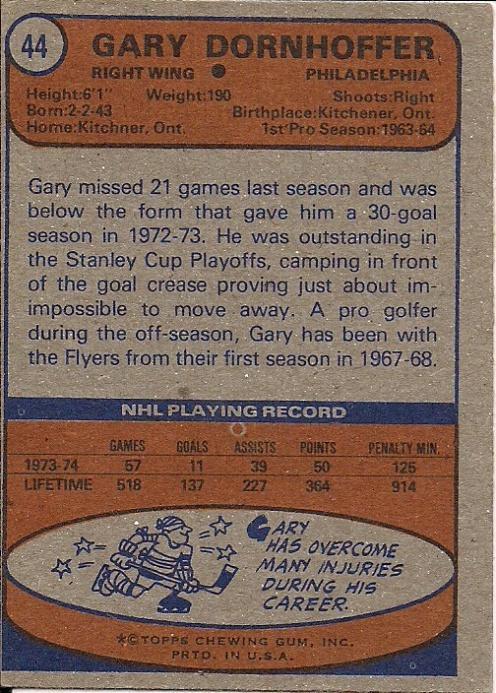 Card: 1974-75 O-Pee-Chee #44 Player: Gary Dornhoeffer Team: Philadelphia Flyers Value: $2.