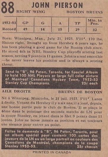 Card: 1953-54 Parkhurst #88 Player: Johnny Peirson Team: Boston Bruins Value: $40.