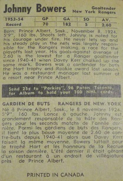 Card: 1954-55 Parkhurst #65 Player: Johnny Bower Team: New York Rangers Value: $400.