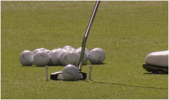 PUTTING TWO TEE DRILL Set your putter on the ground, then place a tee at the toe of the putter and one at the heel Practice hitting through those tees without touching or