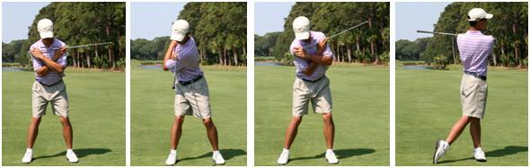 AT HOME DRILLS ONE CLUB PIVOT Place the club in front of your shoulders and cross your arms and assume your set up position Make sure your left shoulder is slightly higher than your right Feel your