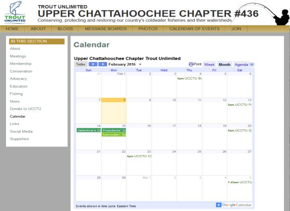 org webpage includes a Calendar of Events list and calendar ucctu.