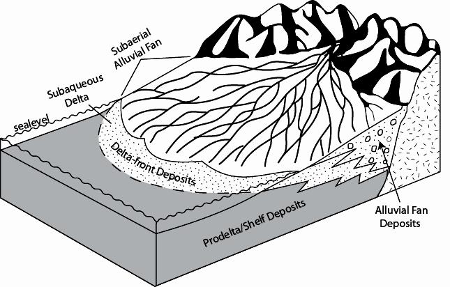 Fan Deltas: coastal prism of sediments delivered by and