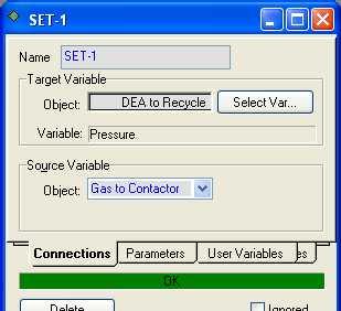 Acid Gas Sweetening with DEA 17 Adding Logical Unit Operations Set Operation Set icon The Set is a steady-state operation used to set the value of a specific Process Variable (PV) in relation to