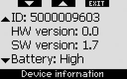 1 Device information This menu displays the device ID number (ID), the hardware version (HW), the software version (SW), the battery