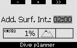 2. Menus, settings and functions If there is remaining desaturation on the computer at the time of starting the dive planner, the text ADD. SURF. INT. appears on the display.