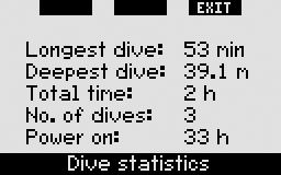 The sixth page shows a listing of all the alarms and warnings that were triggered during the dive. Within the list of dives there is also Dive statistics with a range of dates.