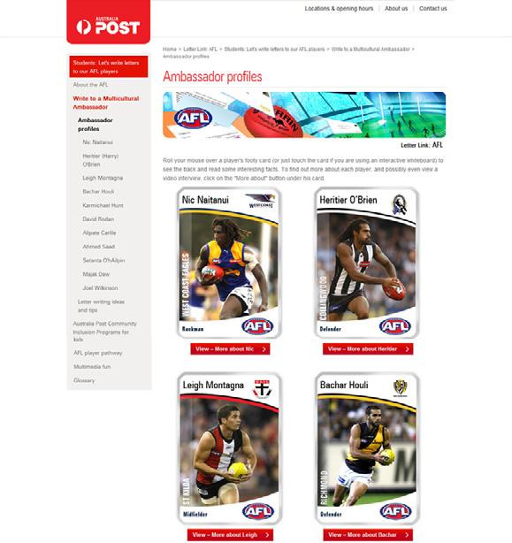 In the Letter Link: AFL section of the Australia Post education website you will find all sorts of information, activities and interactives including: an introduction to the great game of Australian