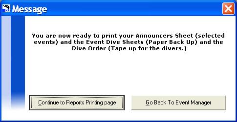 In the Prior to event reports window click on Diver Order about halfway down on the left. A sheet with the divers, in order, with their dive lists, will be generated.