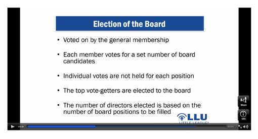 ELECTIONS Step 8. LOCAL LEAGUE ELECTIONS Annually, each local Little League shall be holding elections for positions on its Board of Directors.