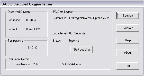 FIGURE 5: D-OPTOCOM MAIN WINDOW The main window displays current dissolved oxygen (% saturation and PPM) and temperature ( C) data, and is updated approximately every 2 seconds.