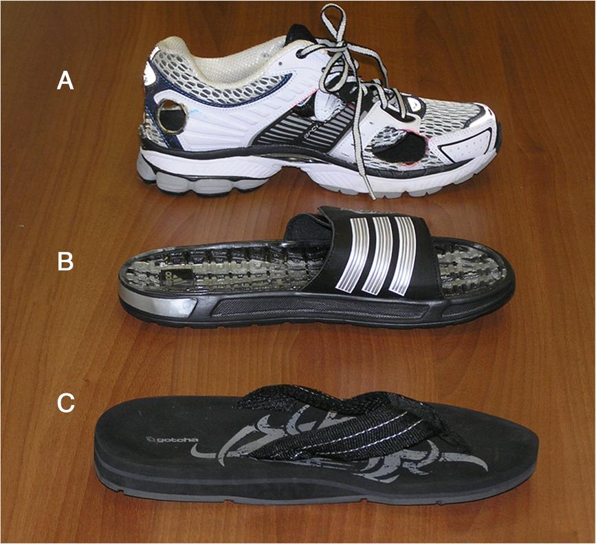 Zhang et al. Journal of Foot and Ankle Research 2013, 6:45 Page 3 of 8 Figure 1 Footwear used in the study: A) running shoe, B) flip-flops and C) sandals.