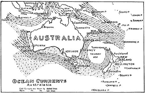 Australia is influenced by four major ocean currents: The Leeuwin Current The East Australian Current southward flowing from near Fraser Island to Tasmania The Indonesian Through flow a