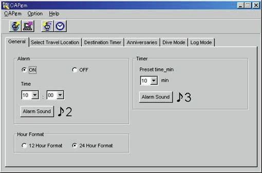 3.2. General The [General] tab is displayed when it is clicked with the mouse on the <Main Window>. The following settings are made with this tab. Alarm Hour Format Timer 3.2.1.