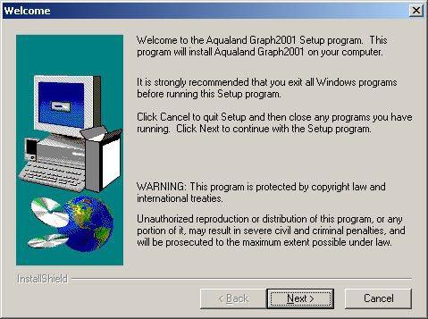 B. Installing AQUALAND GRAPH 2001 (accessory software) When AQUALAND GRAPH 2001 is installed from the CD-ROM provided by following the procedure described below, both AQUALAND GRAPH 2001 and CAPgm