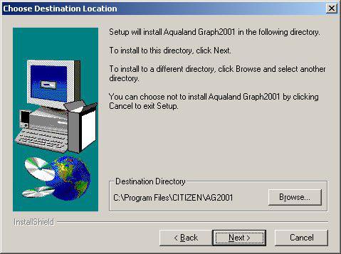 The AQUALAND GRAPH 2001 installation menu is displayed automatically. If the installation menu is not displayed, double-click on "install.