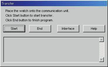 4. Transfer Data is transferred from the watch to a personal computer. The <Transfer> dialogue box is displayed either by clicking the [Transfer (T)] from the [Option (O)] menu.